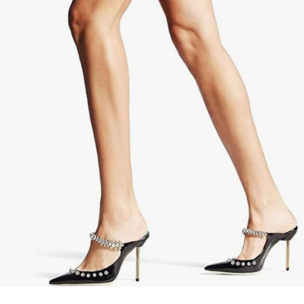 FOWT Black Rhinestone Mules High Heels Crystal Pointed Toe Strappy Sandals